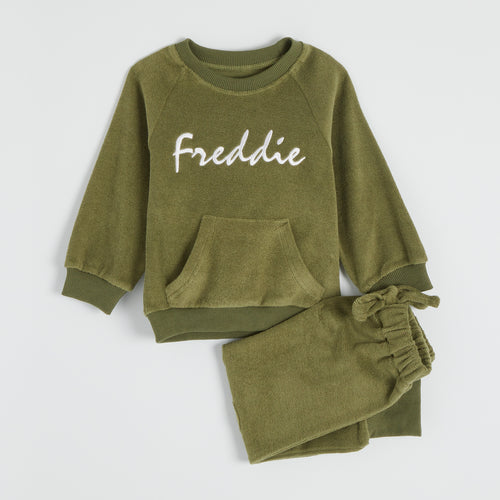 Embroidered Khaki Towelling Cotton Lounge Set