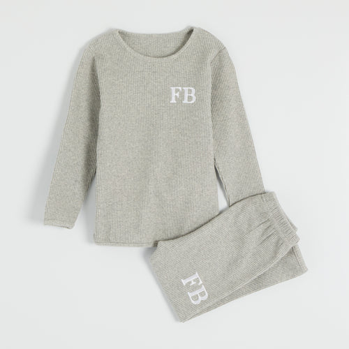 Embroidered Ribbed Grey Lounge Set