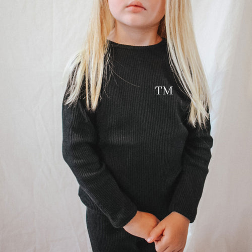 Embroidered Ribbed Black Lounge Set