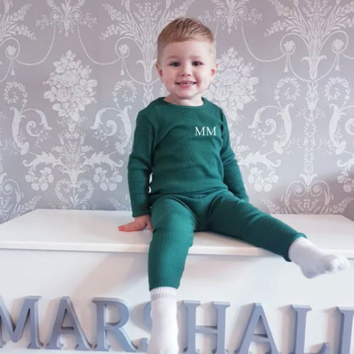 Embroidered Ribbed Forest Green Lounge Set