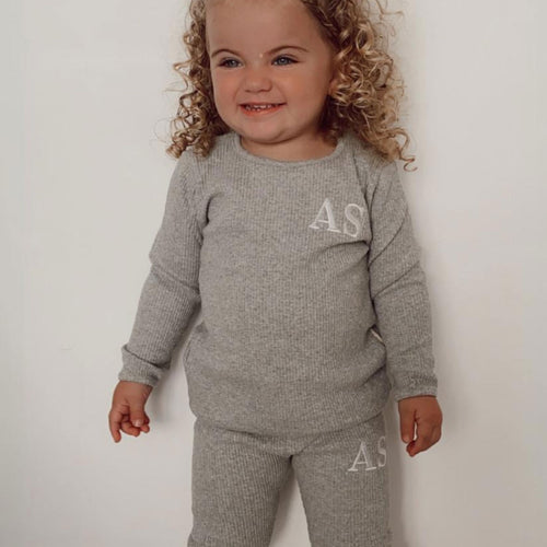 Embroidered Ribbed Grey Lounge Set