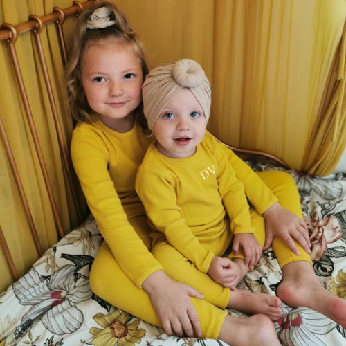 Embroidered Ribbed Mustard Lounge Set