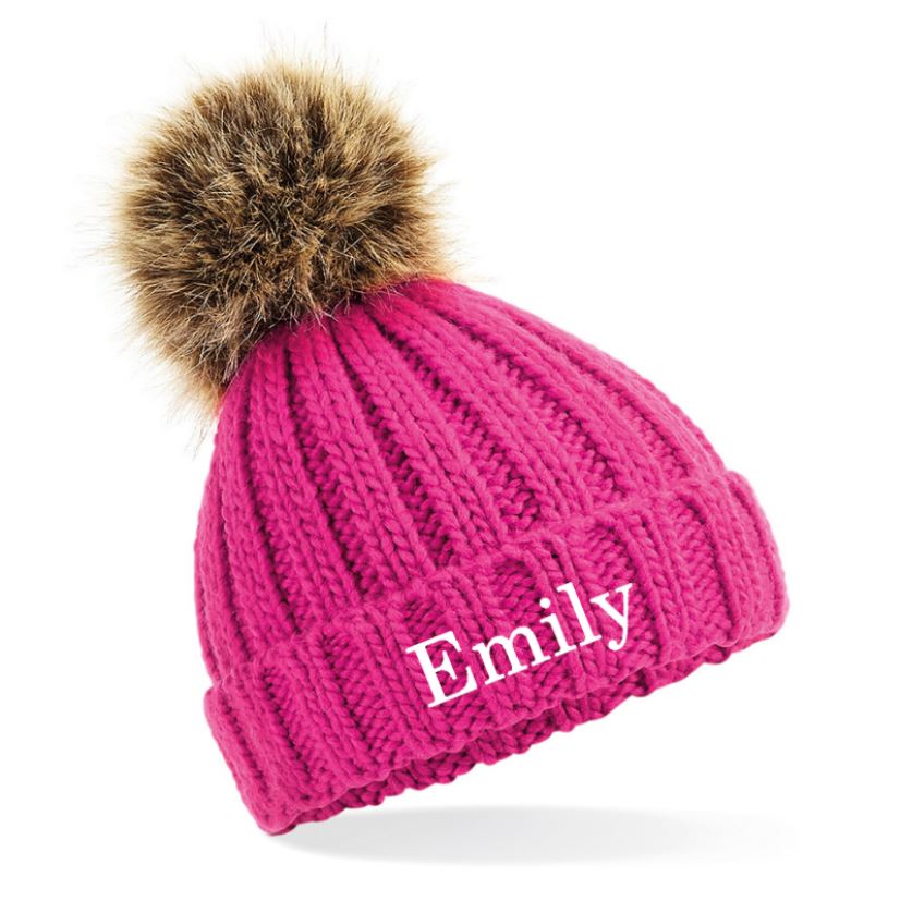 Embroidered Hot Pink Pom Pom Hat