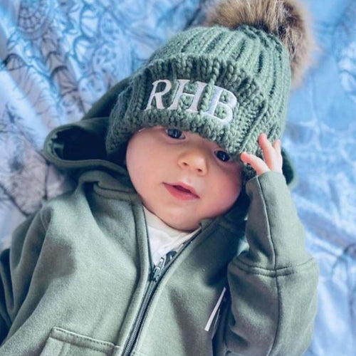 Embroidered Khaki Pom Pom Hat