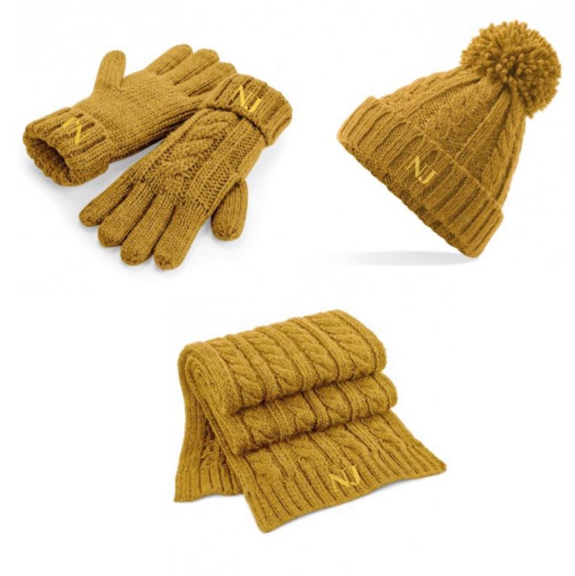 Embroidered Knitted Hat Scarf Glove Set
