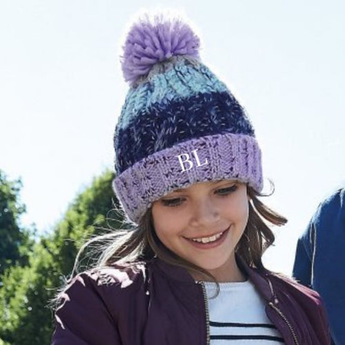 Embroidered Lilac Mix Pom Pom Hat