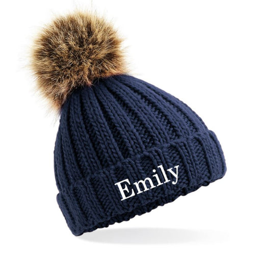 Embroidered Navy Pom Pom Hat