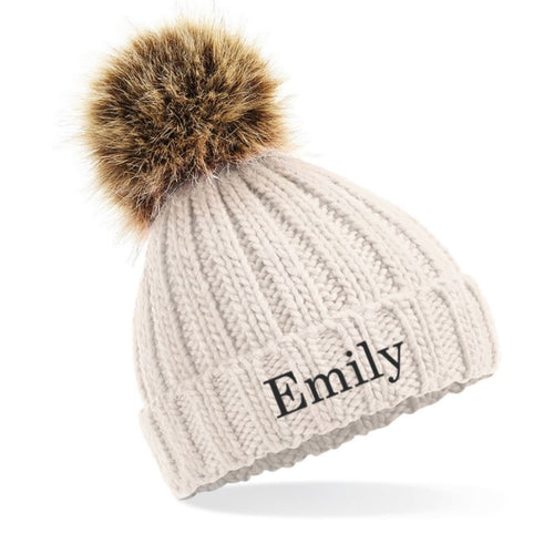 Embroidered Oatmeal Pom Pom Hat