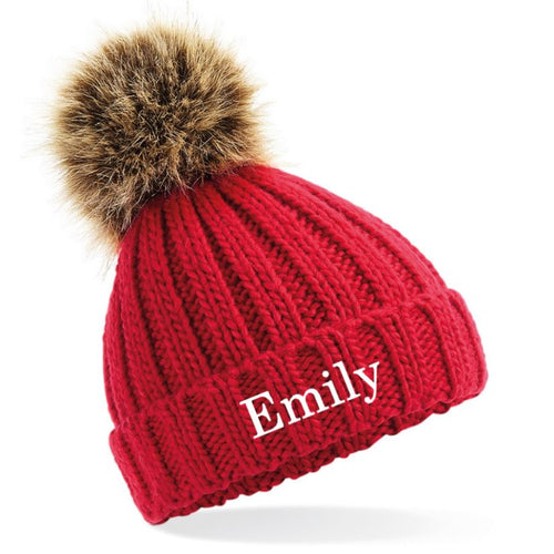 Embroidered Red Pom Pom Hat