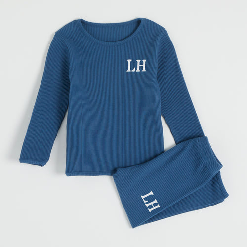 Embroidered Ribbed Blue Lounge Set