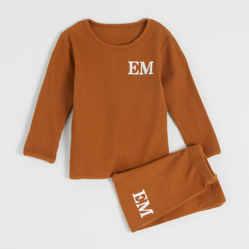 Embroidered Ribbed Caramel Lounge Set