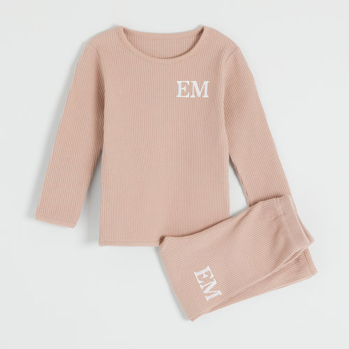 Embroidered Ribbed Mocha Lounge Set