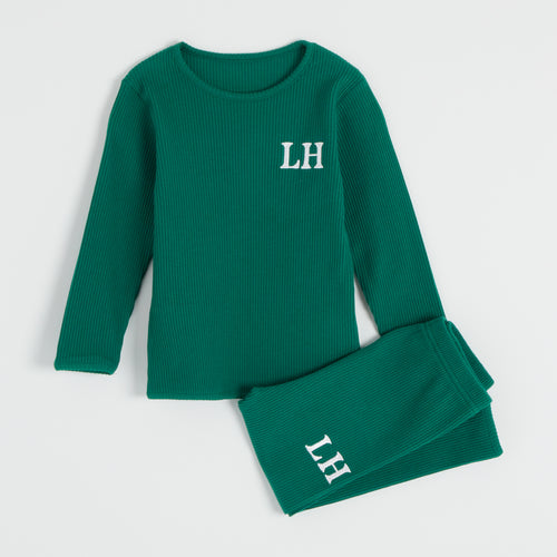 Embroidered Ribbed Forest Green Lounge Set