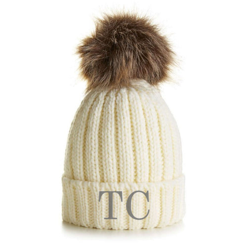 Embroidered Cream Pom Pom Hat