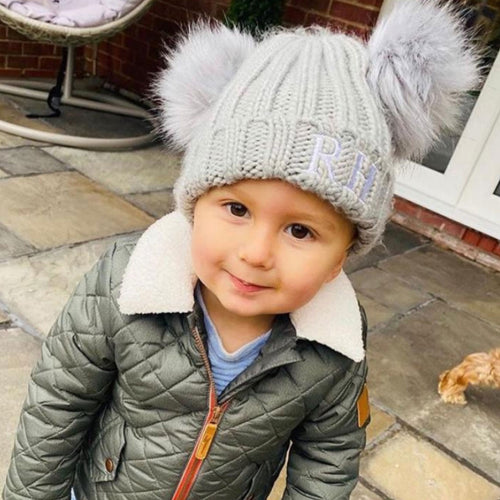 Embroidered Double Faux Fur Pom Pom Hat