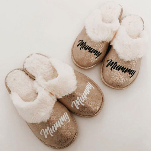 Personalised Ladies Gold Fur Slippers