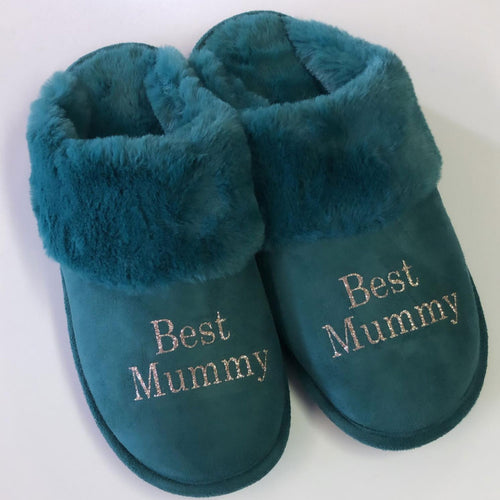 Ladies Teal Fur Slippers