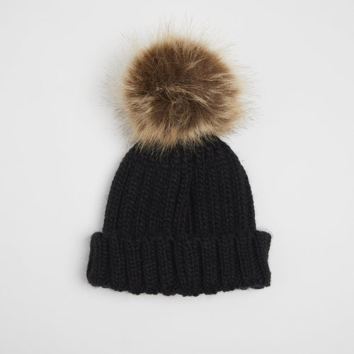 Embroidered Black Pom Pom Hat