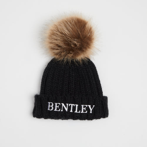 Embroidered Black Pom Pom Hat