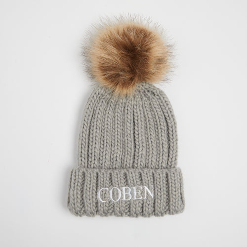 Embroidered Grey Pom Pom Hat