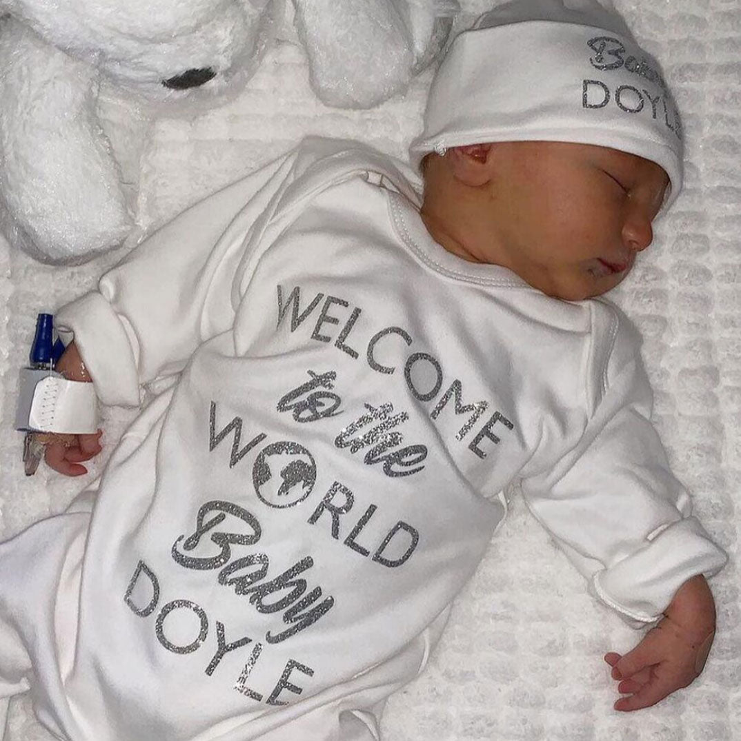 Welcome To The World Babygrow Hat Set